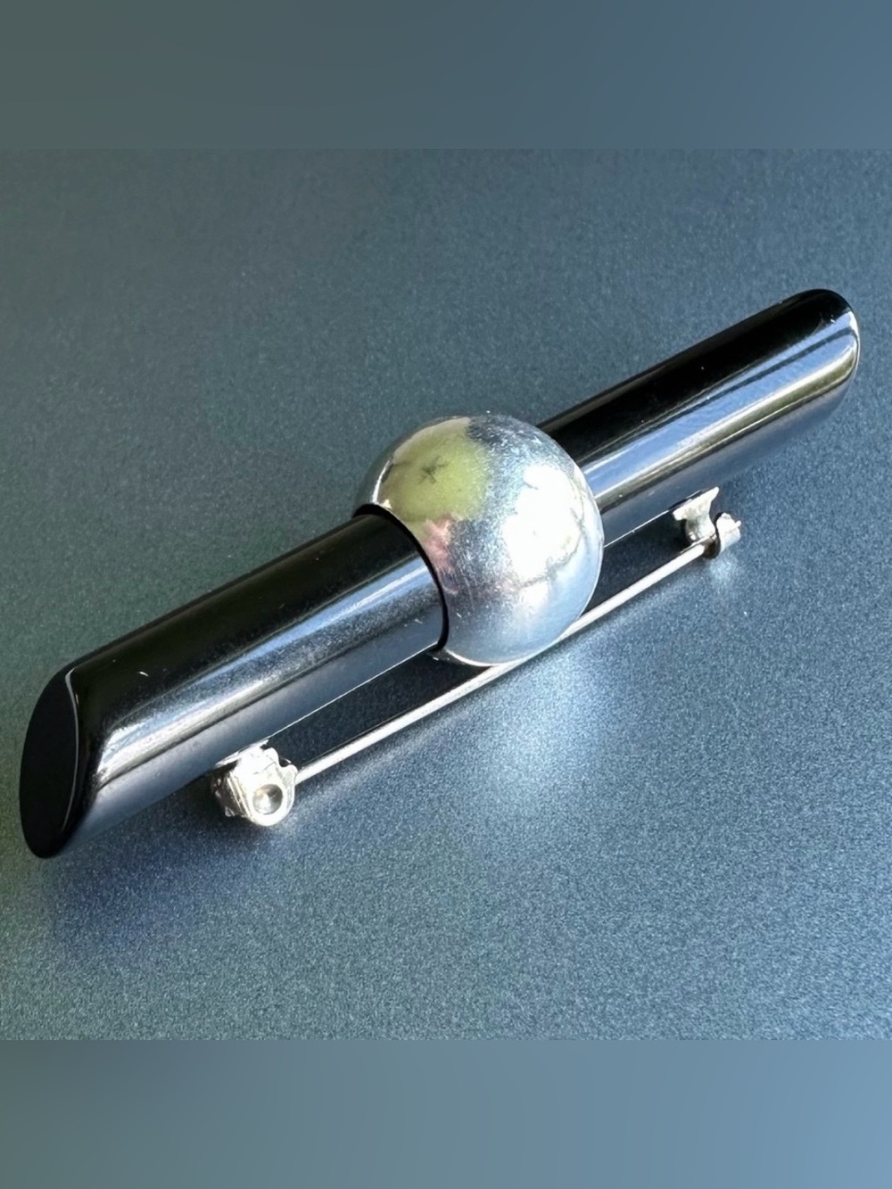 VTG Art Deco BAKELITE Chrome Orb Bar Brooch Pin Jakob Bengel Style Machine Age